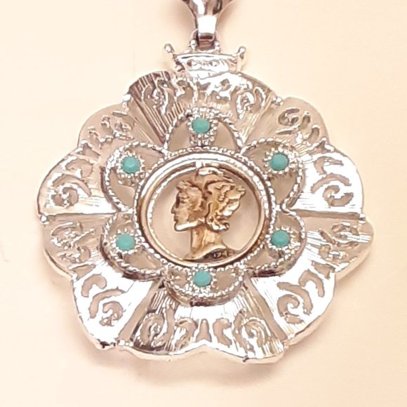 Central Jewelry - Vintage Mercury dime & turquois pendant necklace